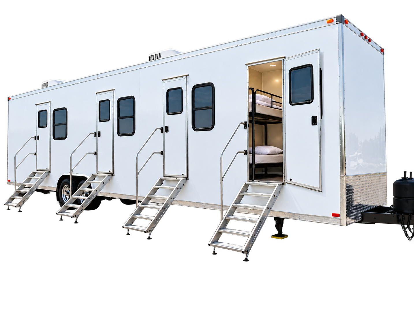 White accommodation trailer with separate exterior doors and bunk beds visible through an open door