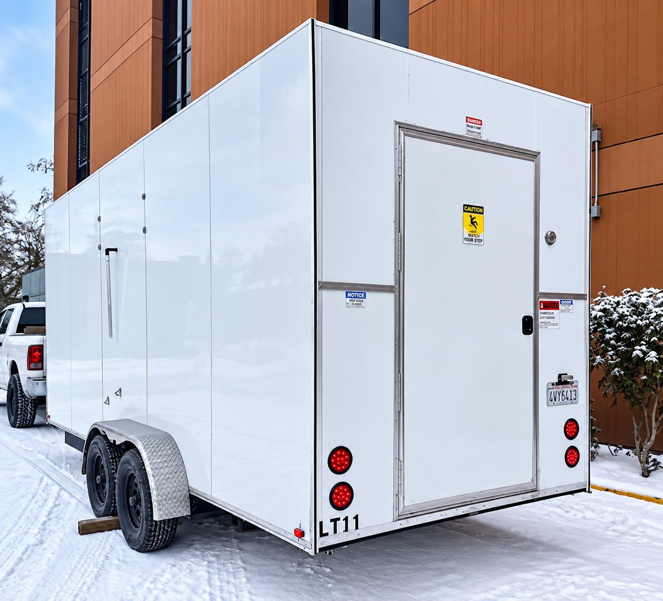 Exterior of a portable refrigeration trailer