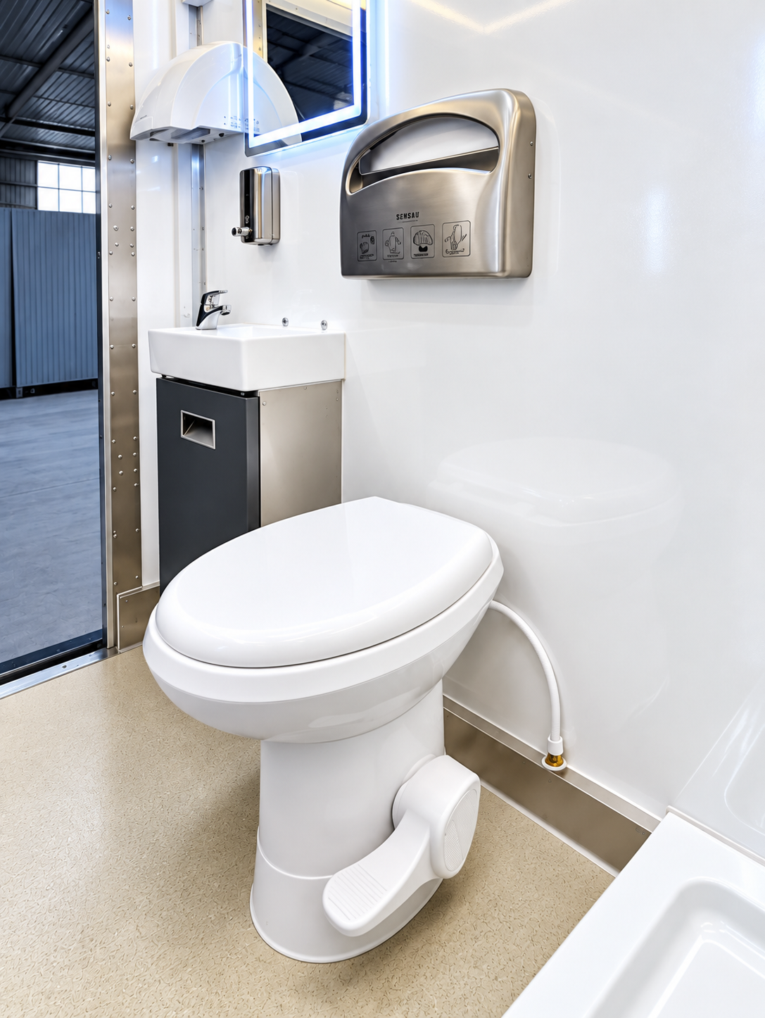 Interior of a portable restroom trailer