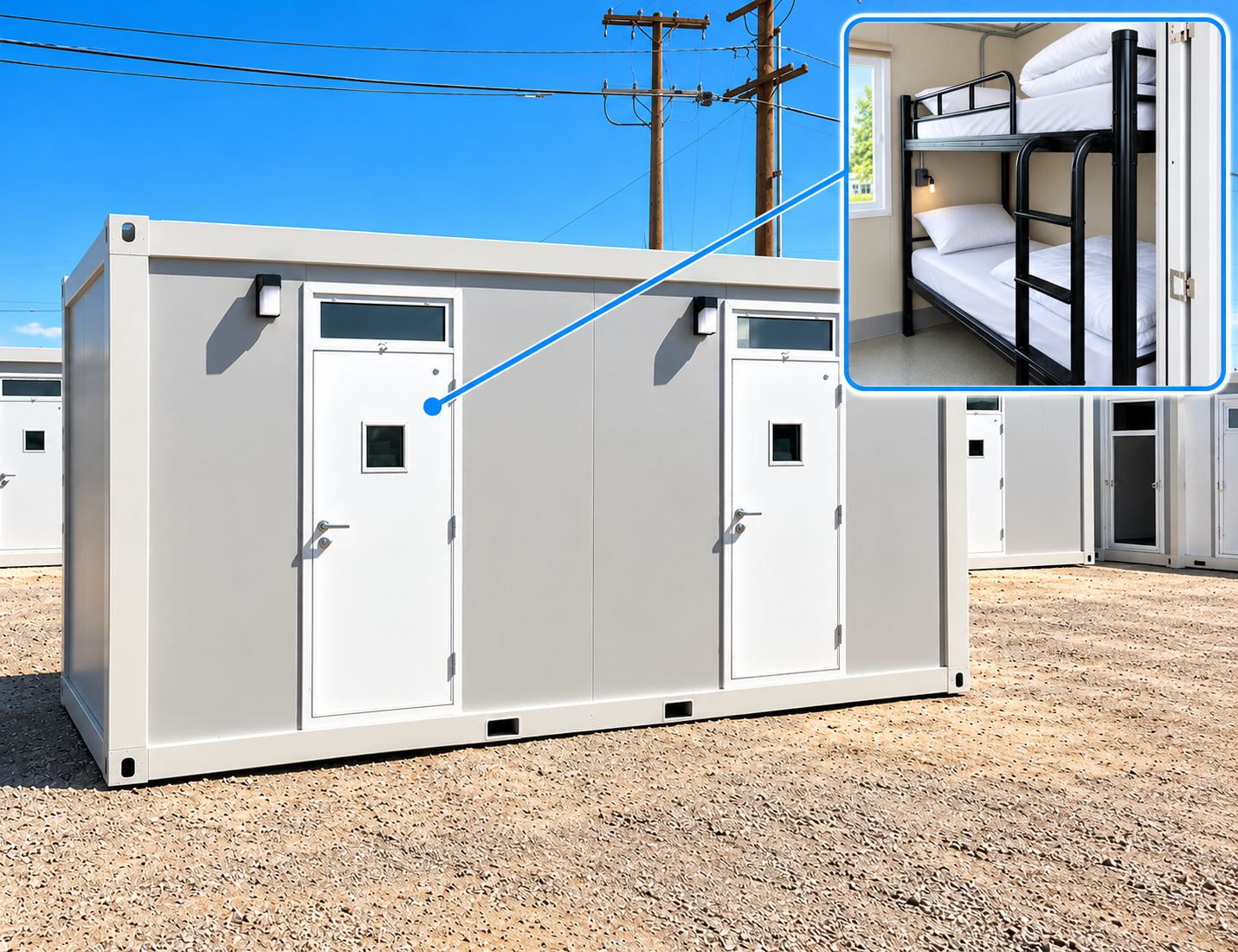 Portable sleeper unit with an inset view of its bunk beds