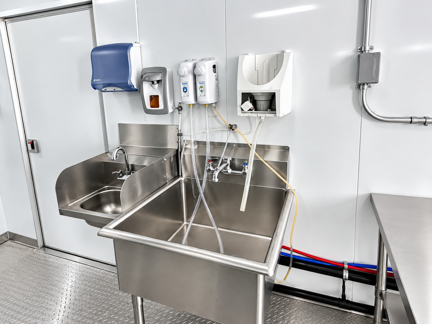 Interior work area of a mobile dishwashing trailer