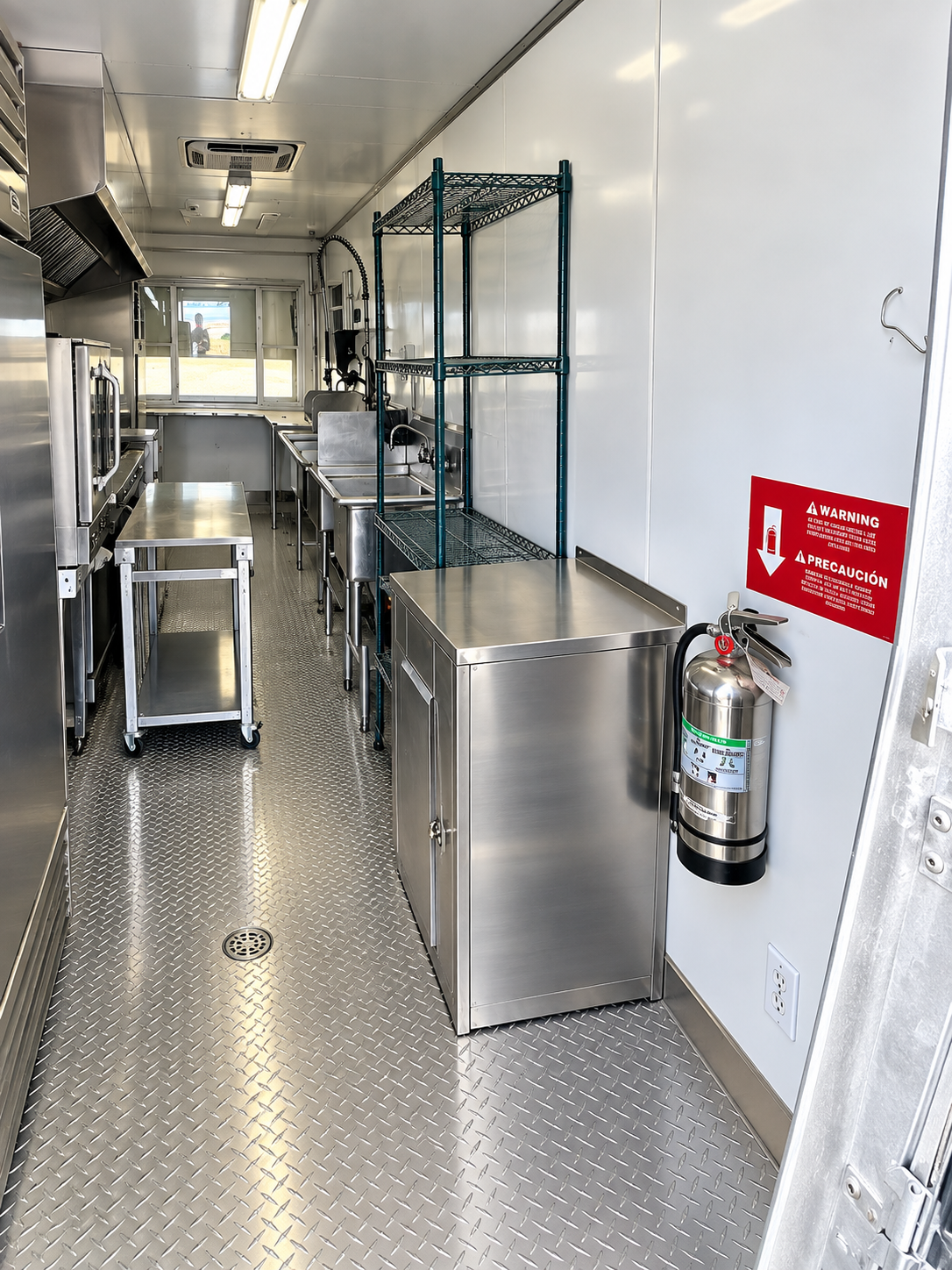 Cooking and preparation area inside a mobile kitchen trailer