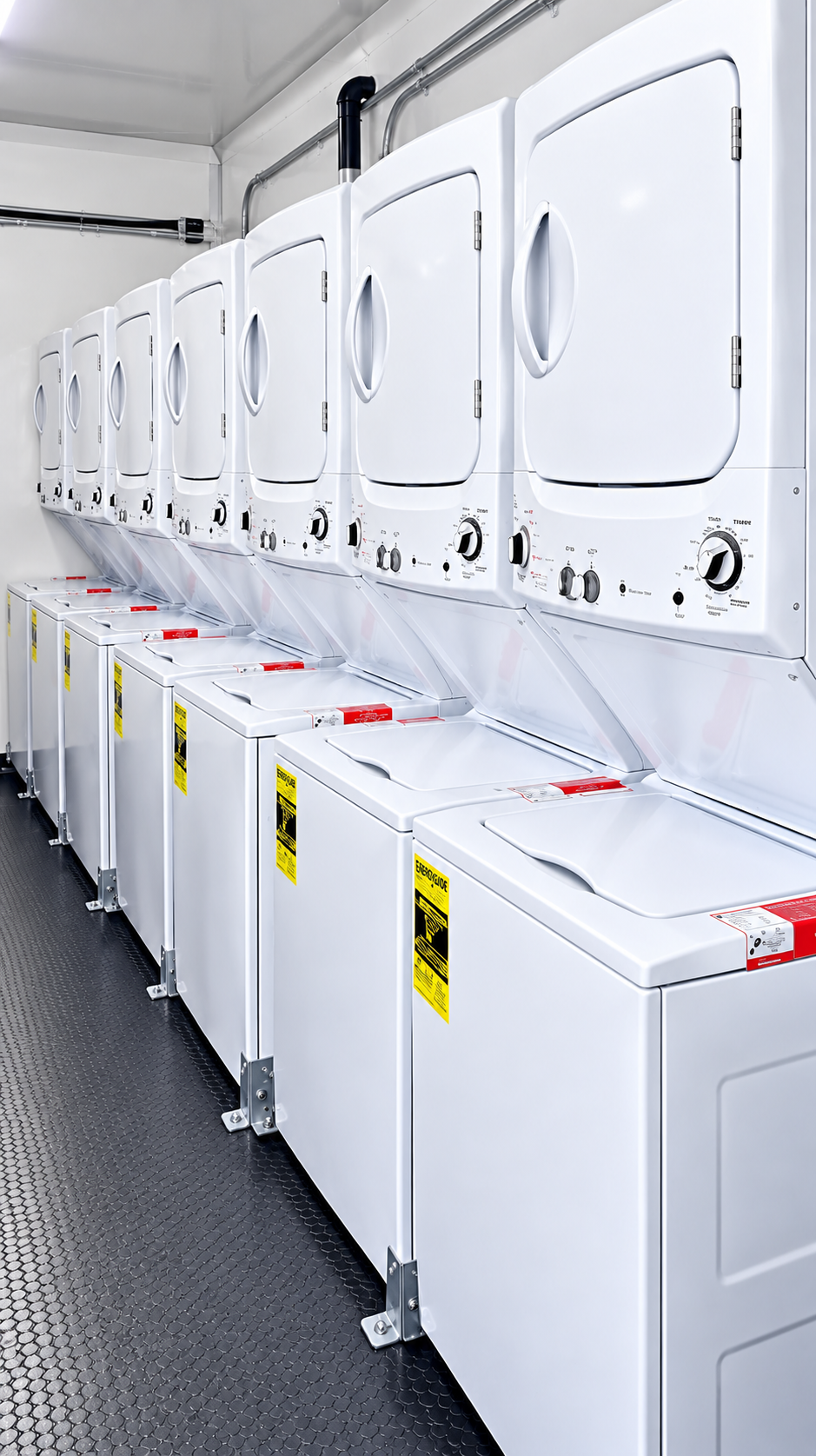 Washers and dryers inside a mobile laundry trailer