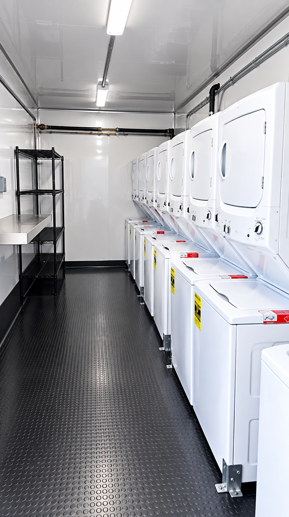 Washers and dryers inside a mobile laundry trailer