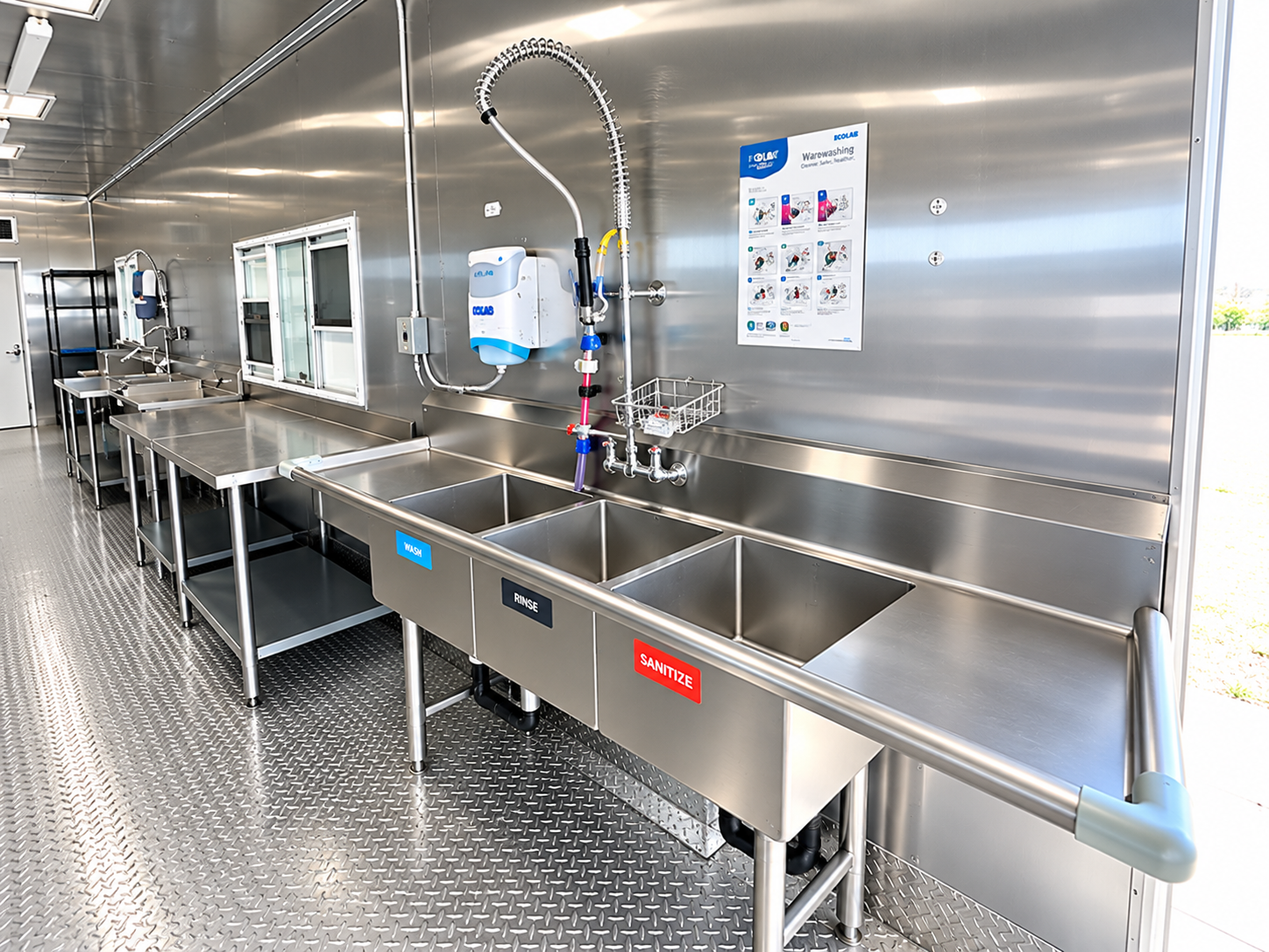Interior of a commercial dishwashing trailer with workstations