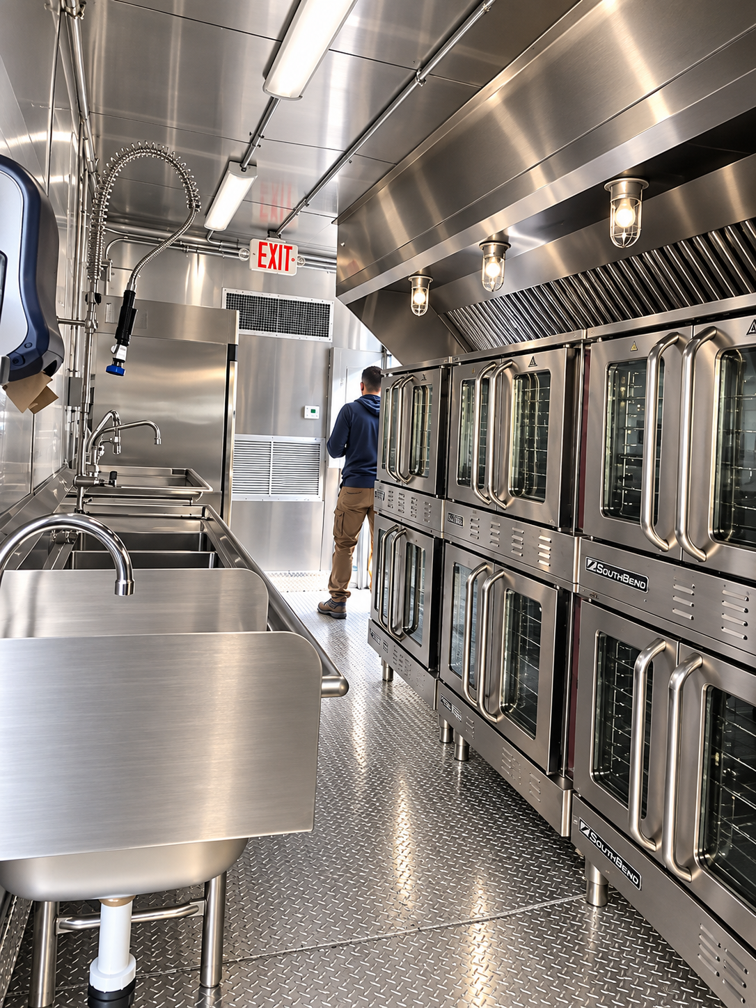 Stainless steel cooking equipment inside a bulk kitchen trailer