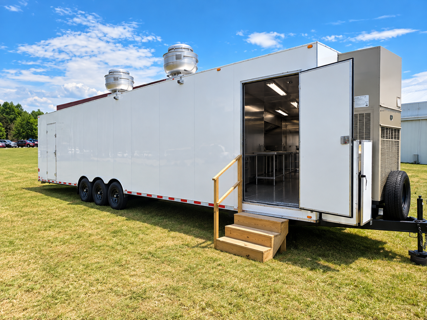 Exterior entrance of a combination mobile kitchen trailer