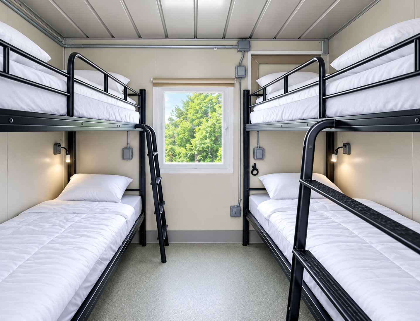 Four beds inside a portable accommodation unit