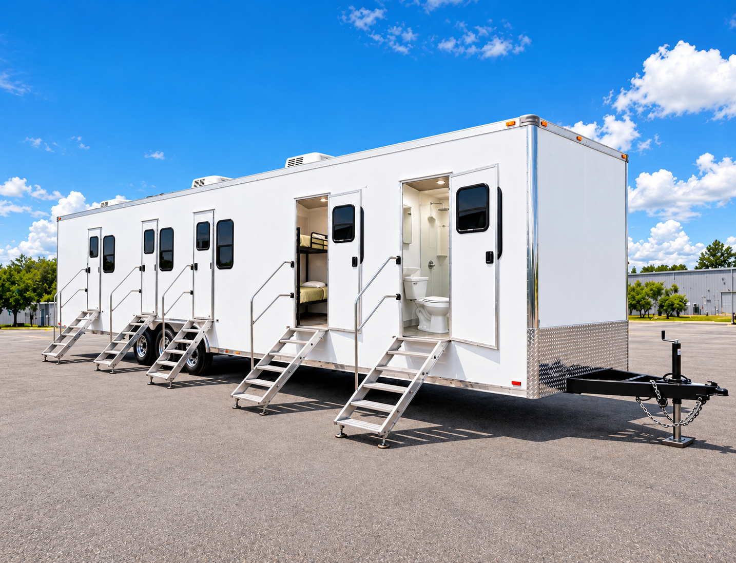 Combined sleeper, shower and restroom trailer from the supplied equipment photos
